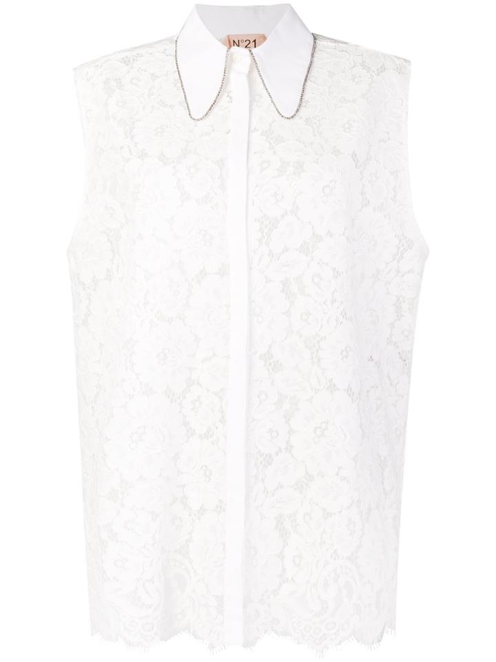 No21 Lace Crystal Trim Sleeveless Blouse - White