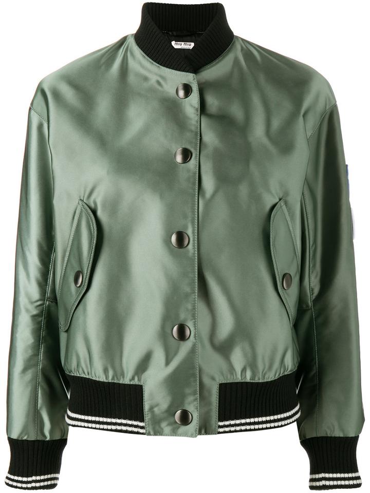 Miu Miu Patch Applique Bomber Jacket, Women's, Size: 40, Green, Polyamide/viscose/virgin Wool