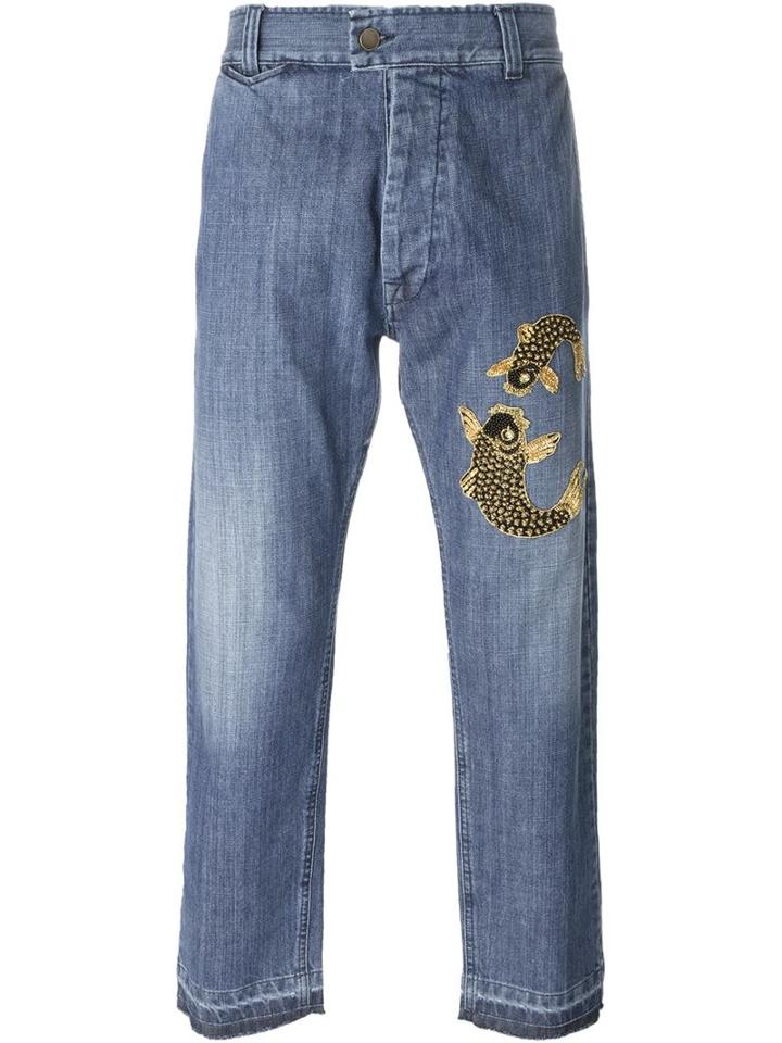 Christian Pellizzari Embellished Koi Jeans, Men's, Size: 48, Blue, Cotton