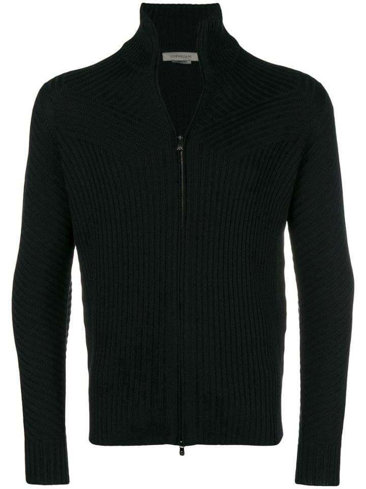 Corneliani Rib Knit Zipped Cardigan - Black