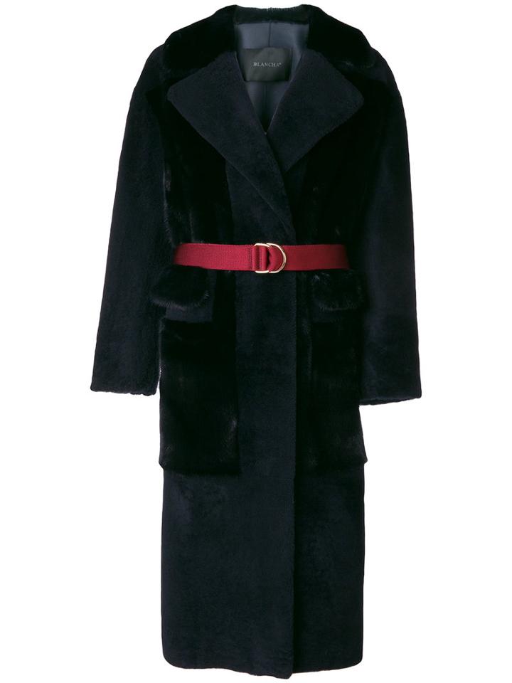 Blancha - Belted Fur Coat - Women - Cotton/leather/mink Fur/merino - 42, Blue, Cotton/leather/mink Fur/merino