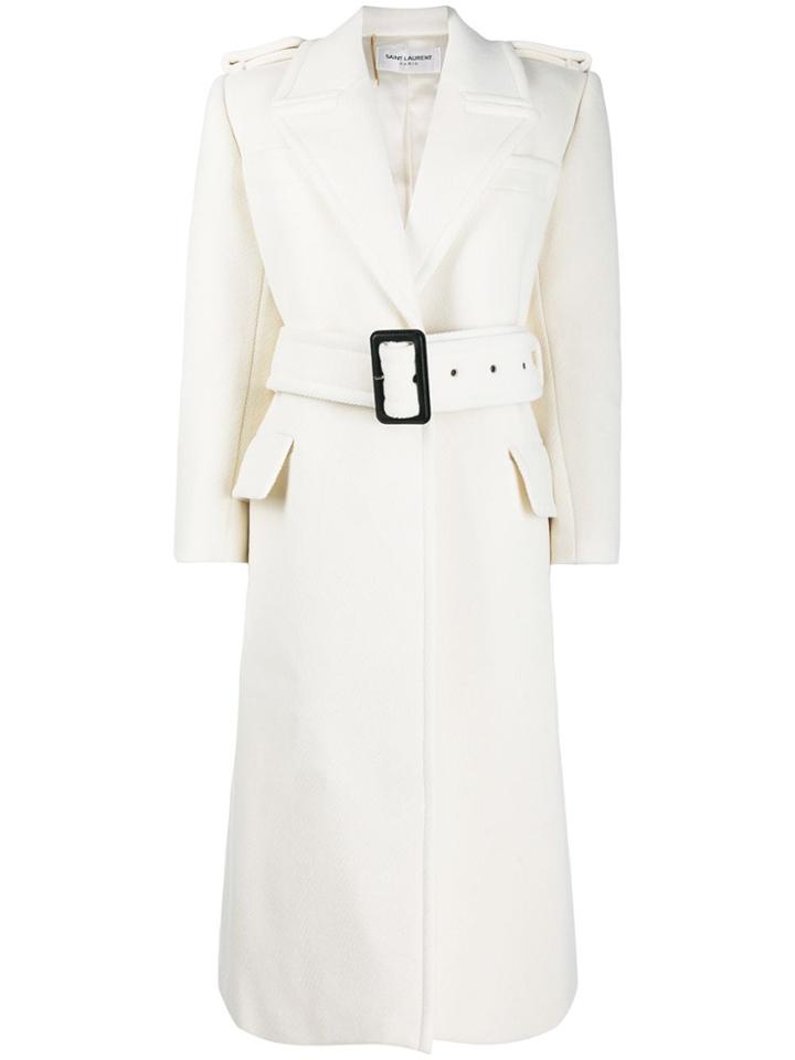 Saint Laurent Oversized Herringbone Belted Coat - White