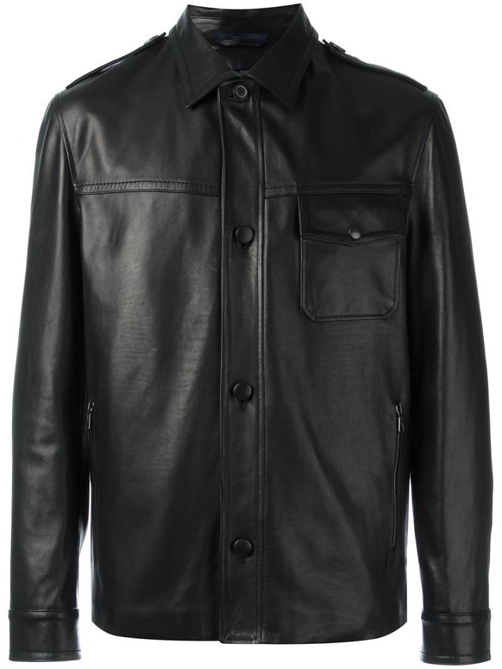 Lanvin Button-up Leather Jacket, Men's, Size: 50, Black, Calf Leather/viscose/cotton