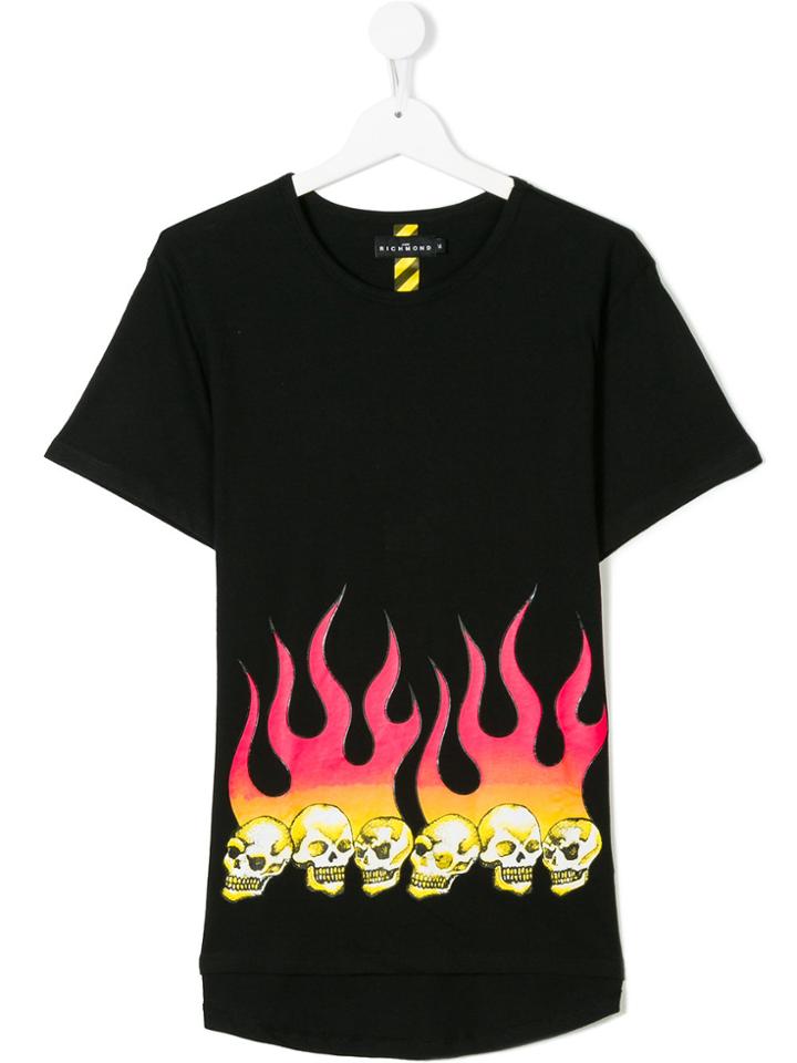 John Richmond Kids Multicolour Skull Flame Print T-shirt - Black