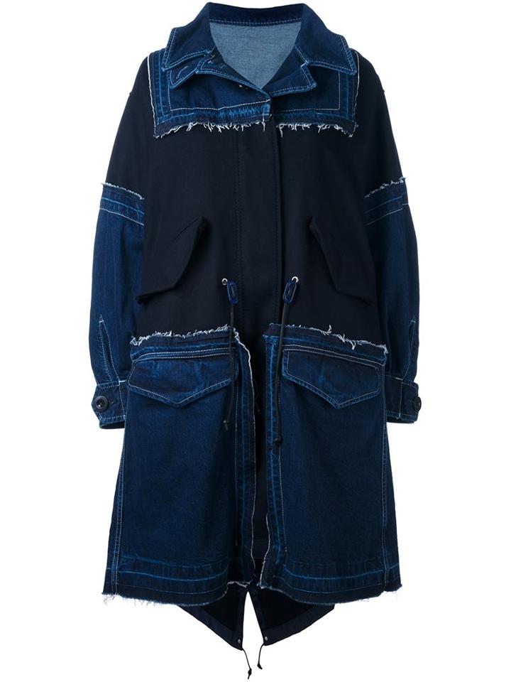 Sacai Oversized Frayed Denim Parka, Women's, Size: 2, Black, Cotton/wool/lamb Fur