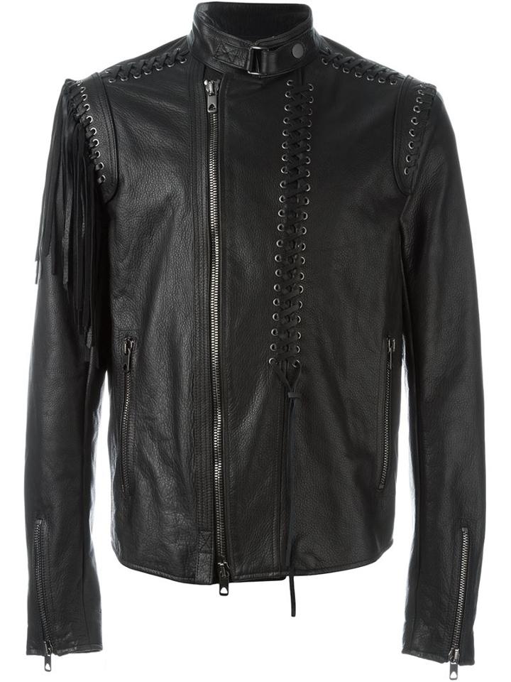 Diesel Black Gold Lace-up Detail Leather Jacket, Men's, Size: 50, Calf Leather/cotton/viscose/rayon