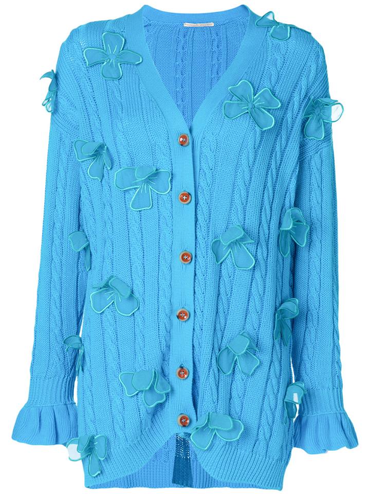 Marco De Vincenzo Floral Appliqué Cable Knit Cardigan - Blue
