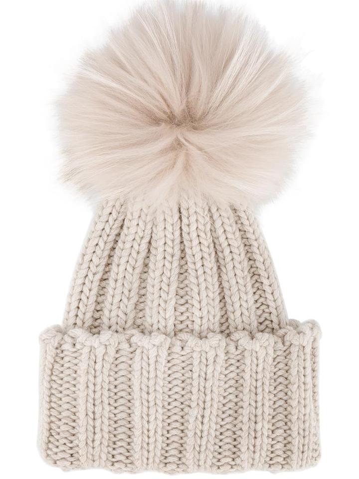 Inverni Racoon Fur Pom Pom Beanie, Women's, Nude/neutrals, Cashmere/racoon Fur