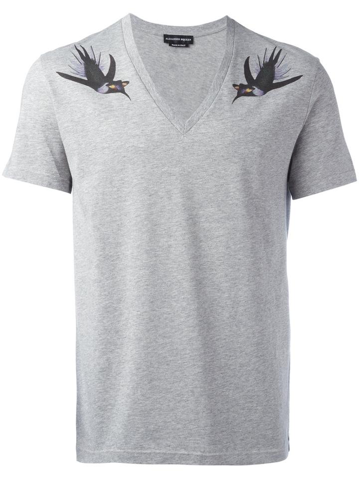 Alexander Mcqueen Bird Print T-shirt, Men's, Size: Xl, Grey, Cotton