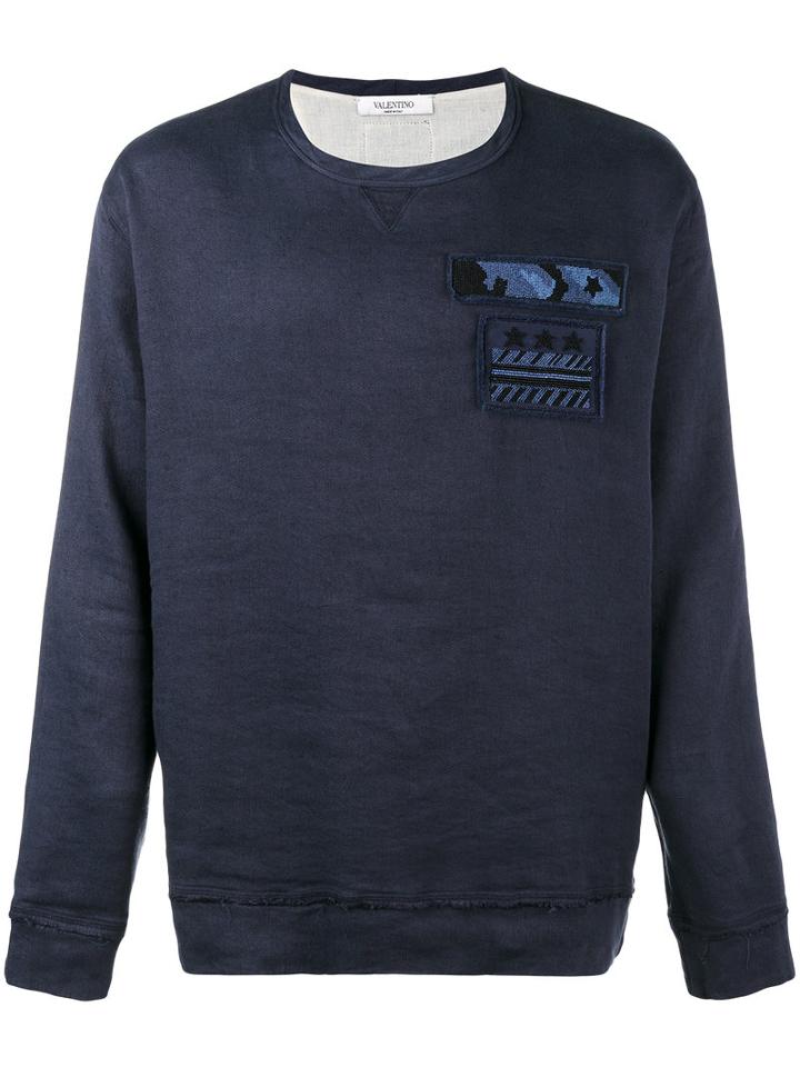Valentino Embellished Military Patch Sweatshirt, Men's, Size: Small, Blue, Cotton/linen/flax/spandex/elastane