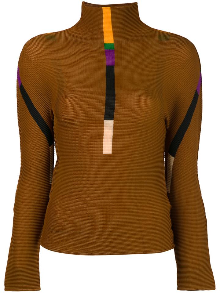 Issey Miyake Cauliflower Stripes Detail Turtleneck Jumper, Women's, Brown, Polyester