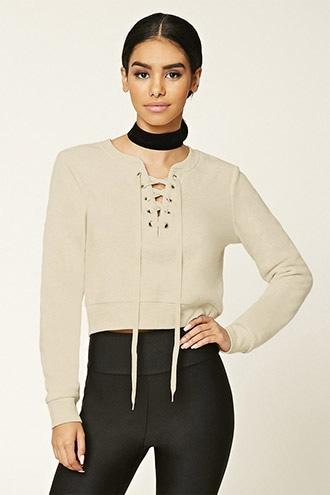 Forever21 Women's  Oatmeal Lace-up Pullover