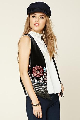 Forever21 Women's  Velvet Embroidered Fringed Vest