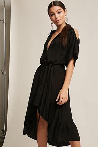 Forever21 Open-shoulder Ruffle Button-front Dress