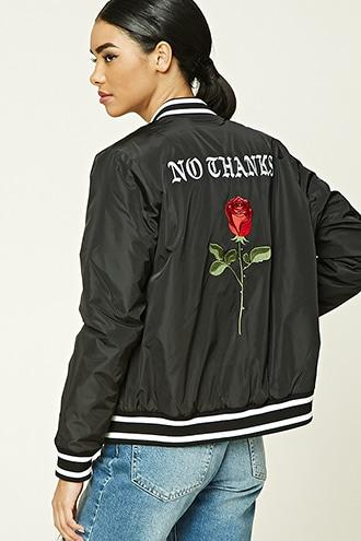 Forever21 Women's  No Thanks Satin Bomber Jacket