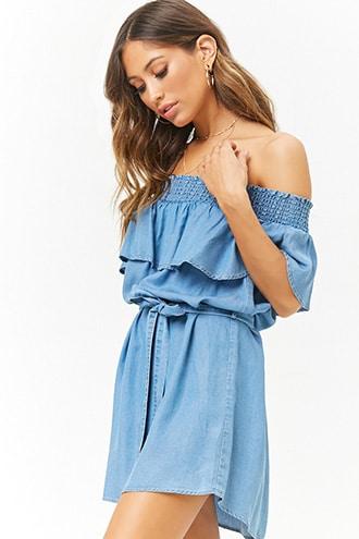 Forever21 Chambray Smocked Off-the-shoulder Mini Dress