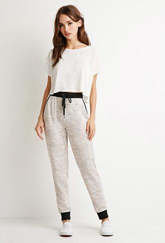 Forever21 Women's  Heathered Drawstring Joggers (oatmeal/black)