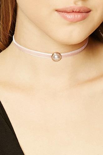 Forever21 Blush & Cream Velvet Faux Pearl Choker