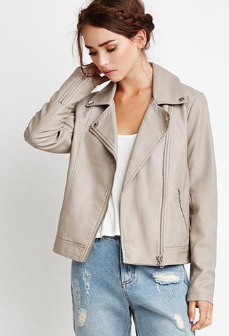 Forever21 Women's  Faux Leather Moto Jacket (taupe)