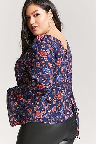 Forever21 Plus Size Floral Lace-up Bell-sleeve Top