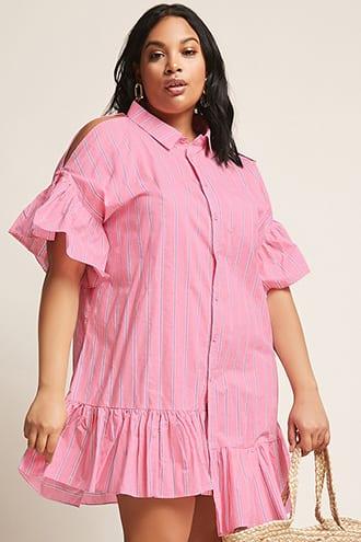 Forever21 Plus Size Stripe Open-shoulder Shirt Dress