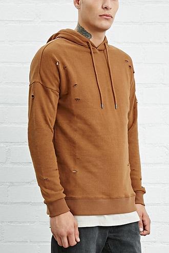 21 Men Men's  Brown Distressed French Terry Hoodie