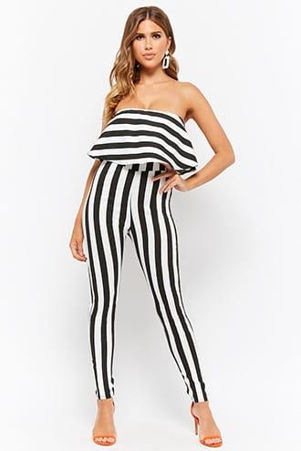 Forever21 Off-the-shoulder Flounce Striped Jumpsuit