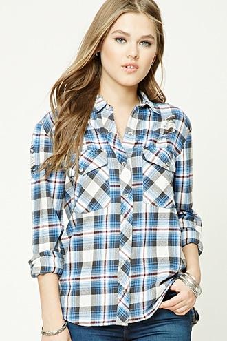 Forever21 Distressed Plaid Flannel Shirt