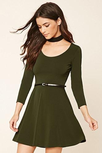 Forever21 Women's  Olive Belted Skater Dress