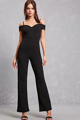 Forever21 Open-shoulder Wide Leg Jumpsuit