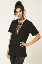 Forever21 Women's  Black Deep Lace-up Top
