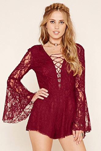 Forever21 Women's  Berry Floral Lace Romper