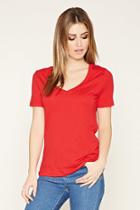 Forever21 Women's  Red V-neck Tee