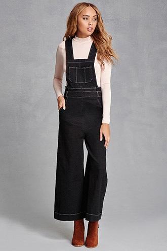 Forever21 Women's  Black Wide-leg Denim Overalls