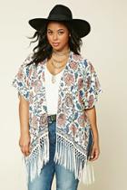 Forever21 Plus Women's  Cream & Blue Plus Size Floral Print Kimono