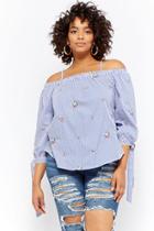 Forever21 Plus Size Embroidered Pinstriped Open-shoulder Top