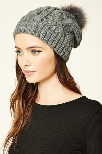 Forever21 Women's  Grey Faux Fur Pom-pom Beanie