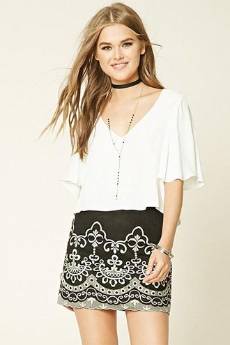 Forever21 Women's  Embroidered Faux Suede Skirt