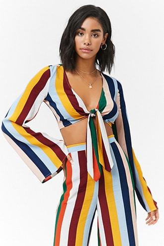 Forever21 Striped Long Sleeve Knotted Crop Top
