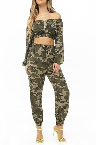 Forever21 Camo Print Crop Top & Jogger Set