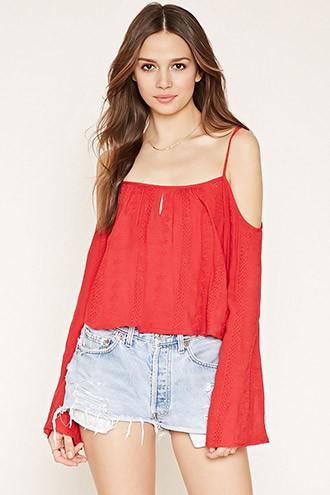 Forever21 Women's  Red Embroidered Open-shoulder Top