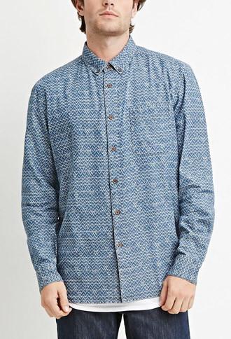 21 Men Men's  Geo-patterned Denim Shirt