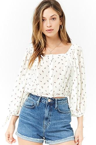 Forever21 Sheer Rose Print Chiffon Peasant Top