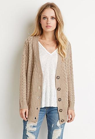 Forever21 Women's  Buttoned Cable Knit Cardigan (taupe/tan)