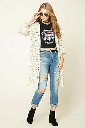Forever21 Women's  Cream Tasseled Chevron Cardigan