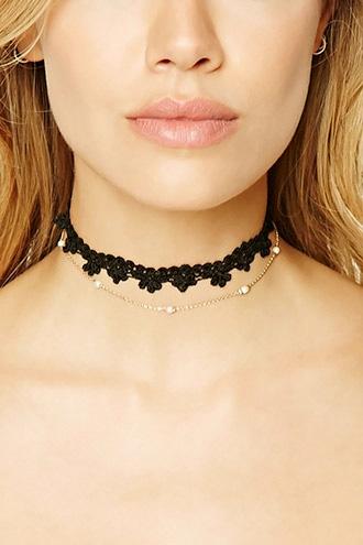 Forever21 Black & Gold Floral Lace Choker Set