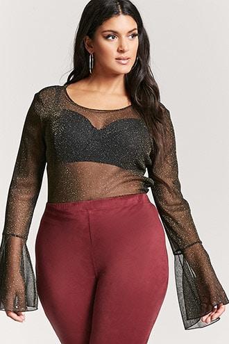 Forever21 Plus Size Sheer Glitter Bell-sleeve Top