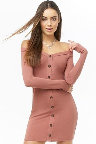 Forever21 Off-the-shoulder Mock Button Dress