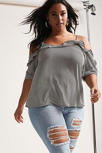 Forever21 Plus Size Striped Open-shoulder Top