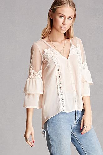 Forever21 Women's Taupe Crochet-paneled V-neck Top